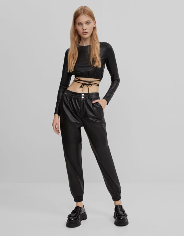 bershka faux leather joggers