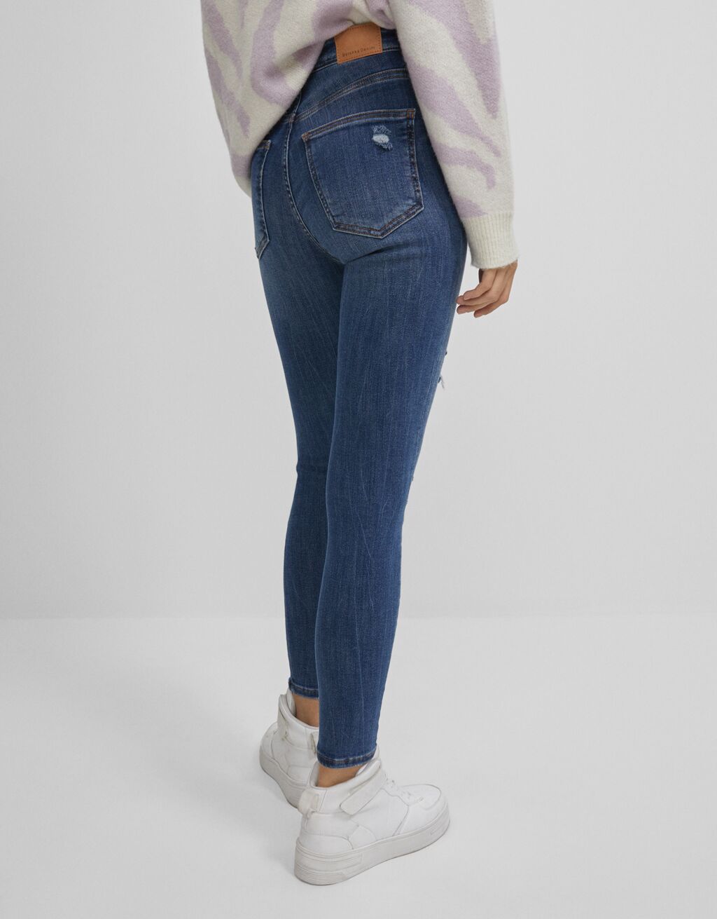 bershka super high waist skinny jean in mid blue