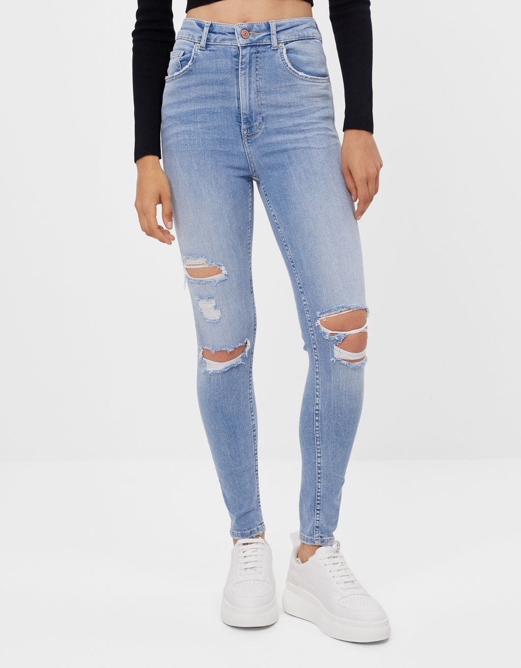 bershka super high waist skinny jean in mid blue