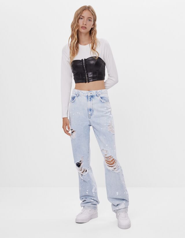 Jeans Straight Cropped High Waist - High Rise - Bershka Costa Rica