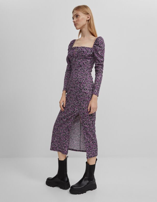 Cicekli Midi Elbise Elbise Kadin Bershka
