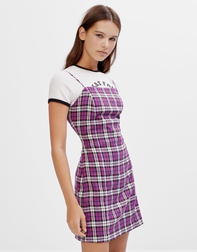 pink plaid pinafore dress