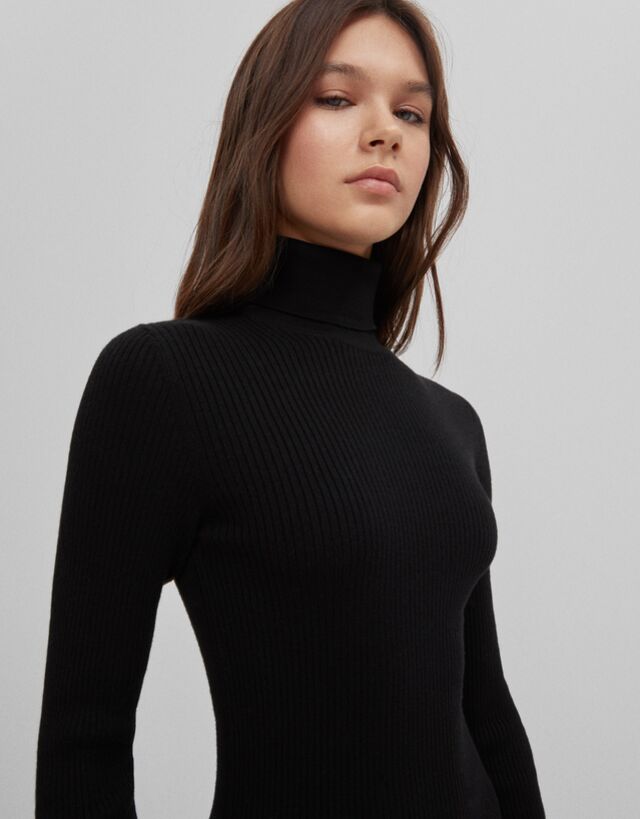 black ribbed polo neck dress