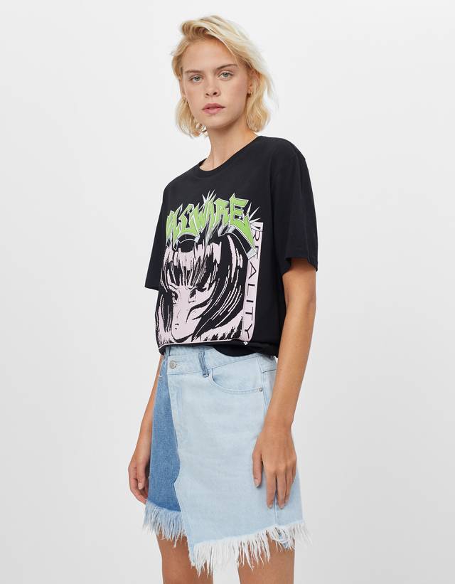 t shirt and denim skirt