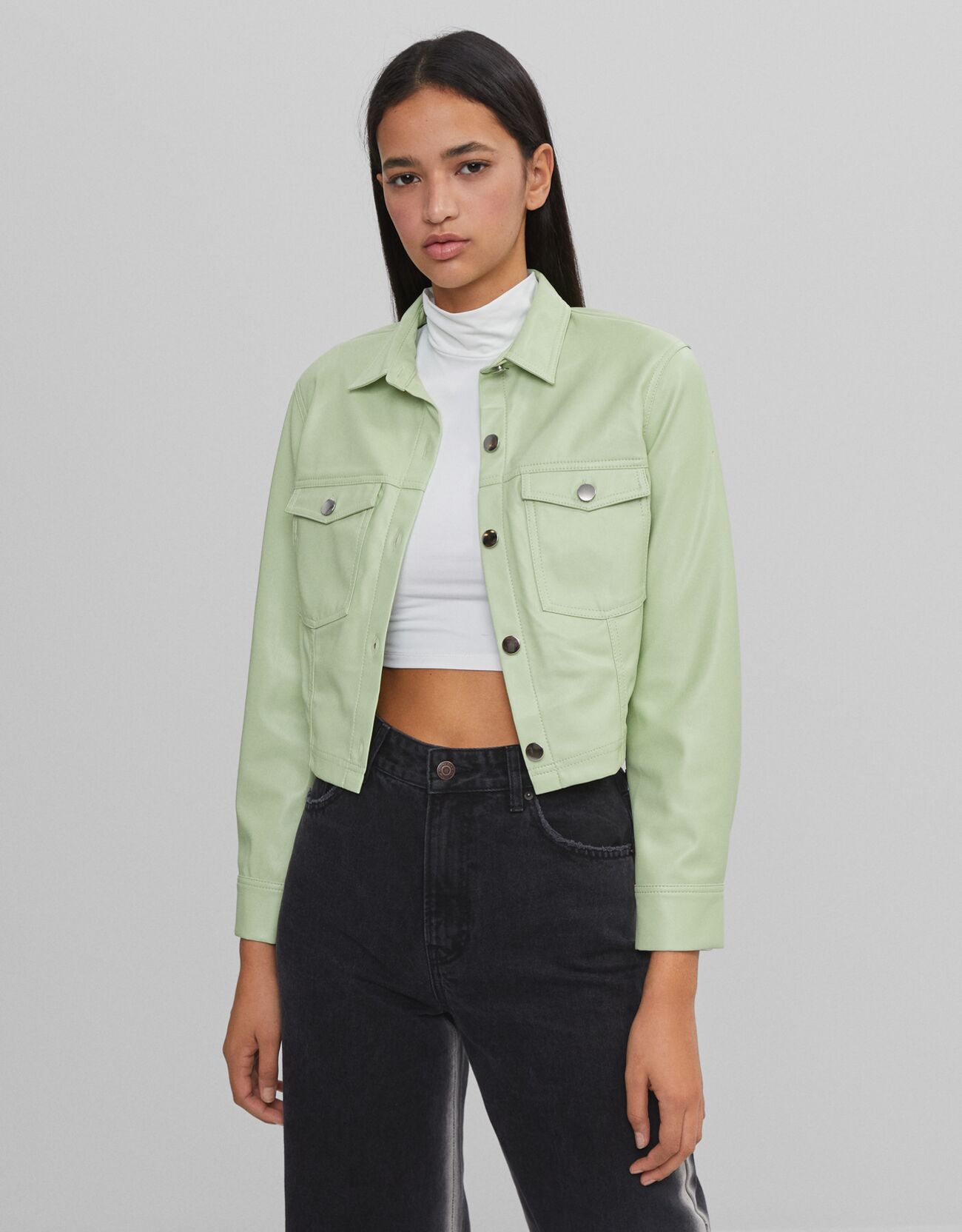 green leather shirt jacket