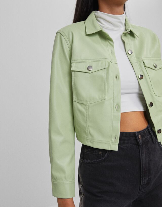 green leather shirt jacket