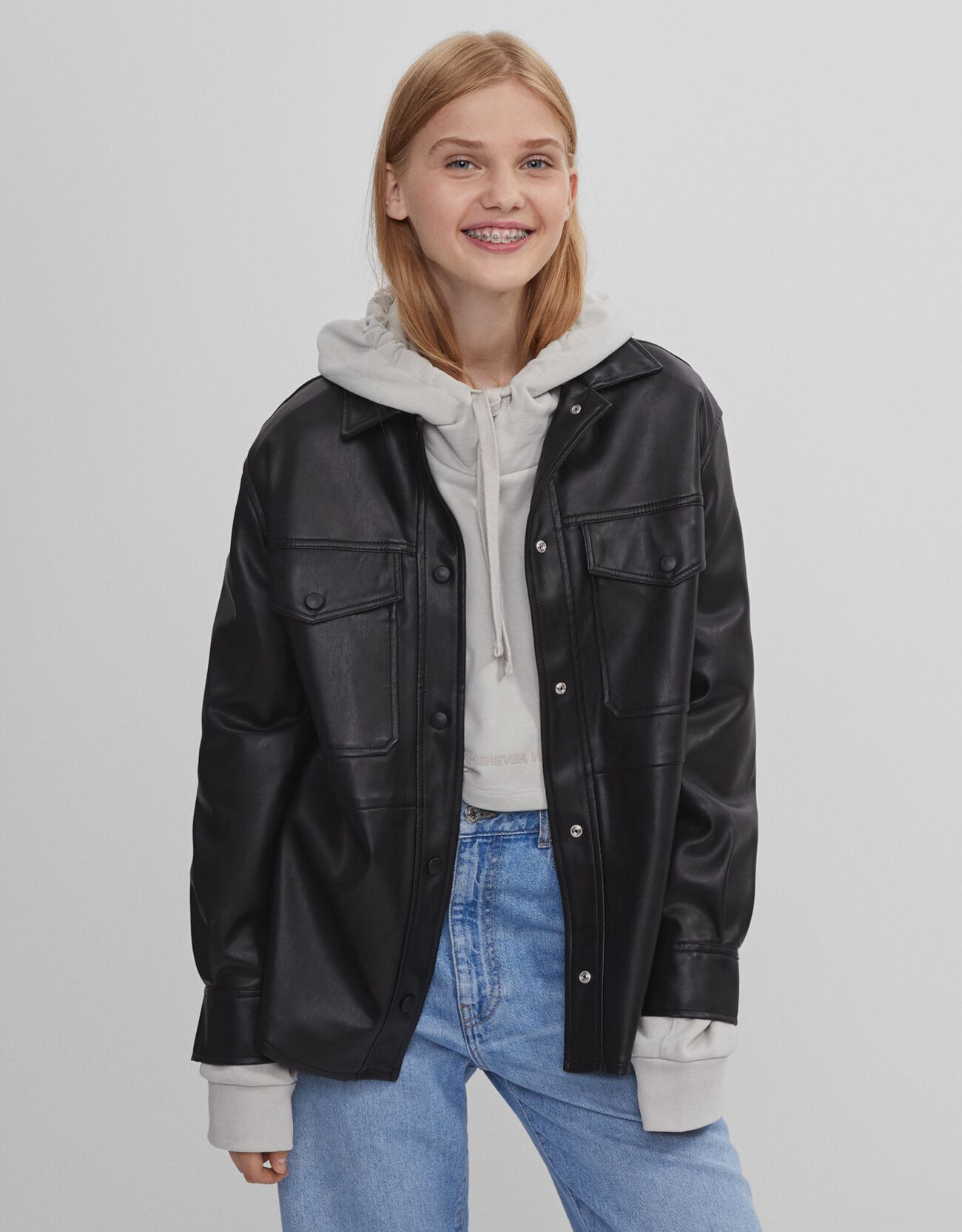 Faux leather overshirt - Woman | Bershka