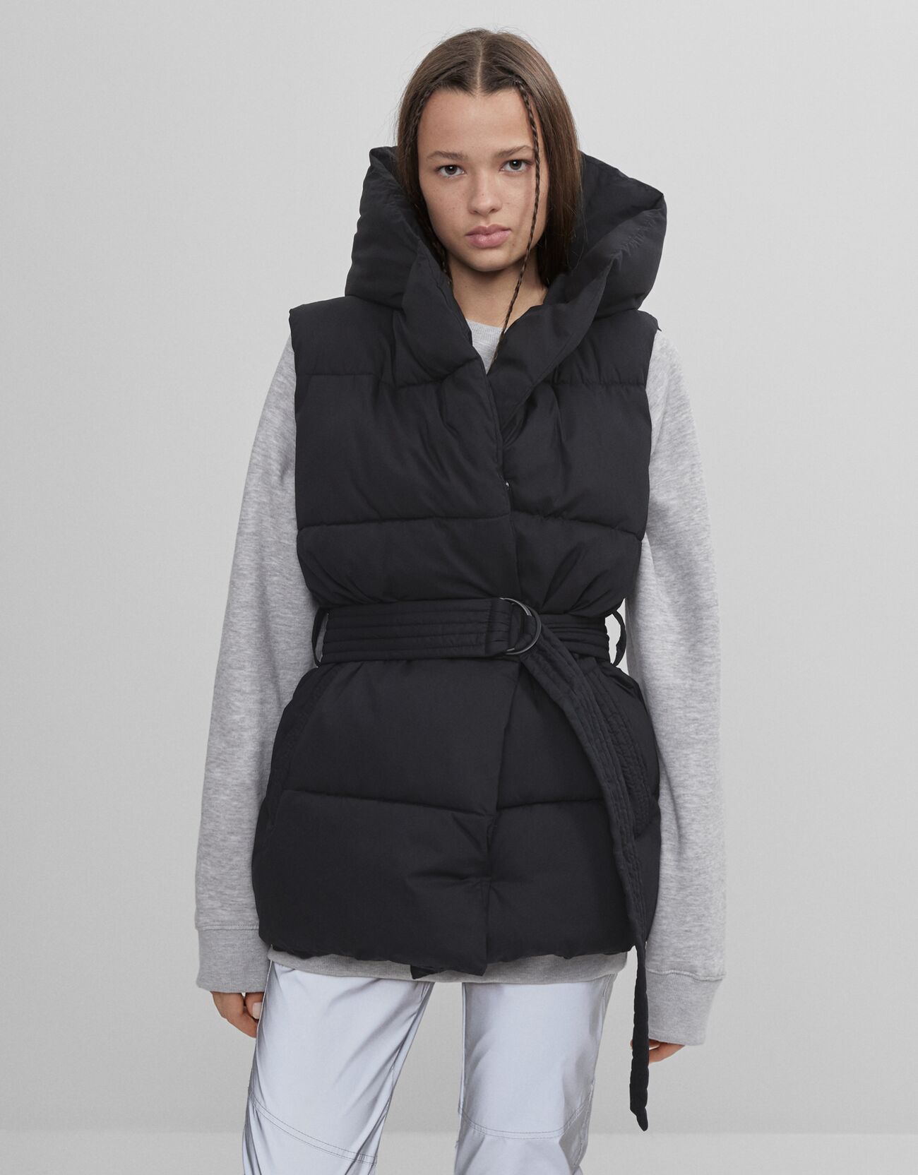 black puffer gilet with hood