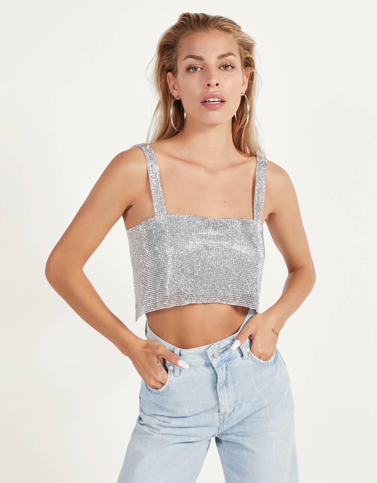 Rhinestone mesh top - Woman | Bershka