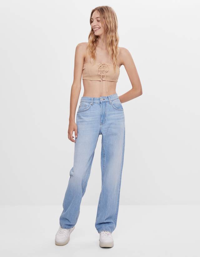 bershka 90's straight leg jeans with rips in light blue