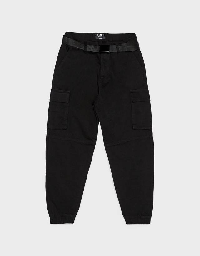 bershka belted cargo trousers in black