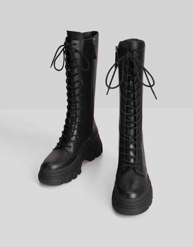 bershka lace up heeled boot in white