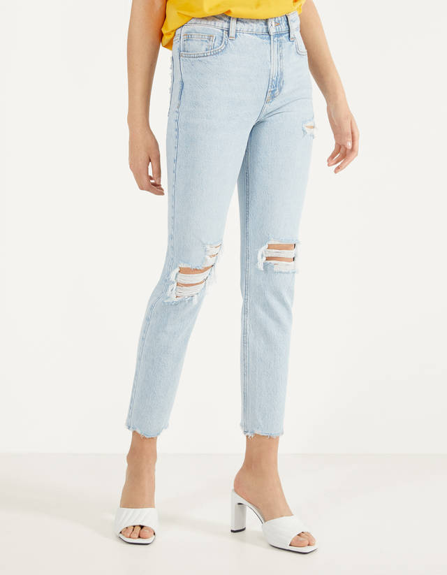 Jeans Mujer | Bershka Jeans Mom Rotos Blanco - Bellavista