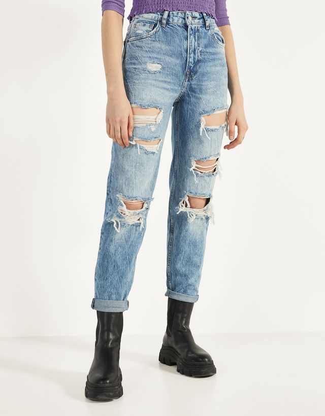 bershka ripped mom jeans light blue