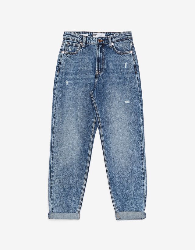 Mujer Jeans mom bordado Rolling Stones Azullavado | Jeans Bershka \u003c  Esperando a Christine