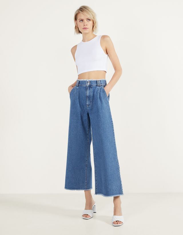 Culotte jeans with frayed hems - null - Bershka Panama