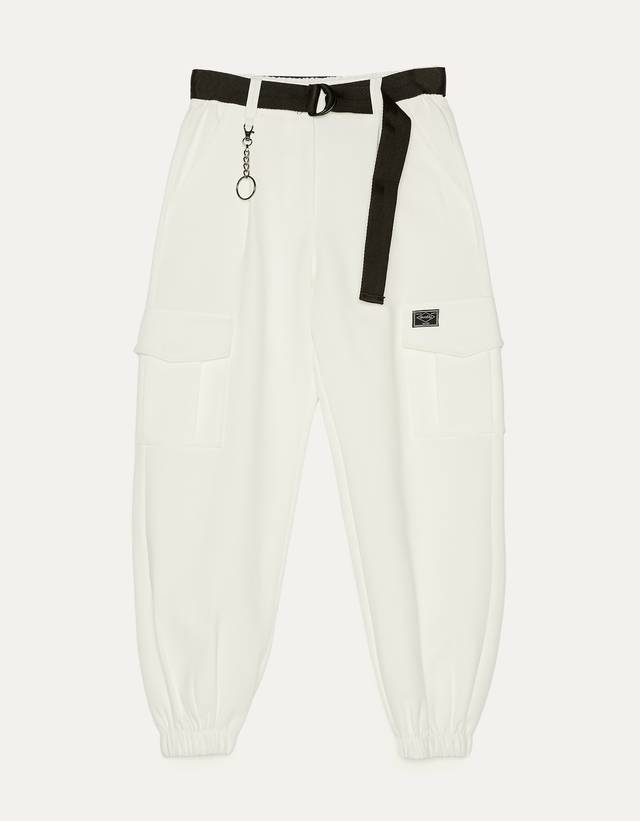 bershka belted cargo trousers in black