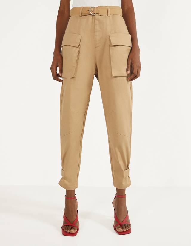 bershka belted cargo trousers in black