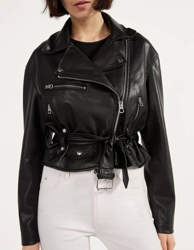 leather moto jacket with belt