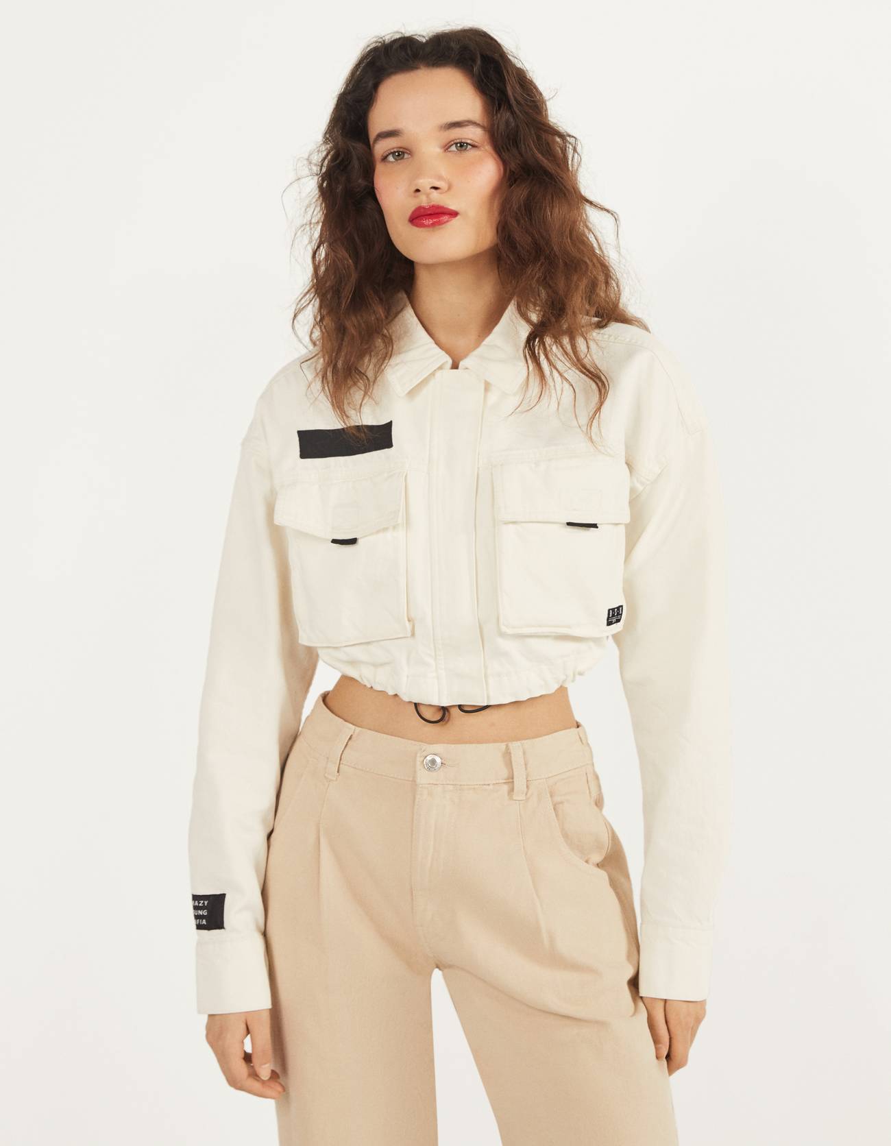bershka pocket front utility denim jacket in beige