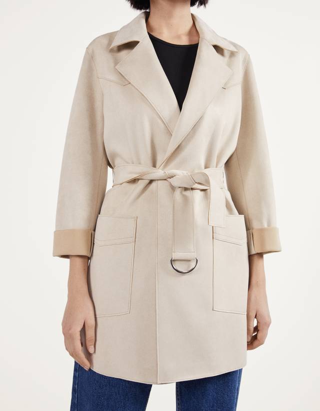 Faux Suede Trench Coat With Belt, Trench Coat Leather Belt