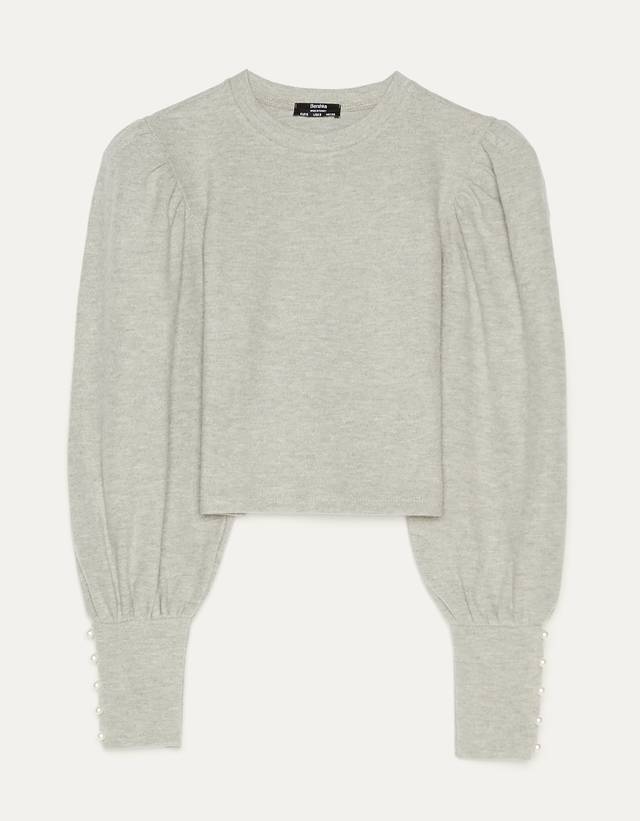 Puff sleeve sweater with pearl beads 