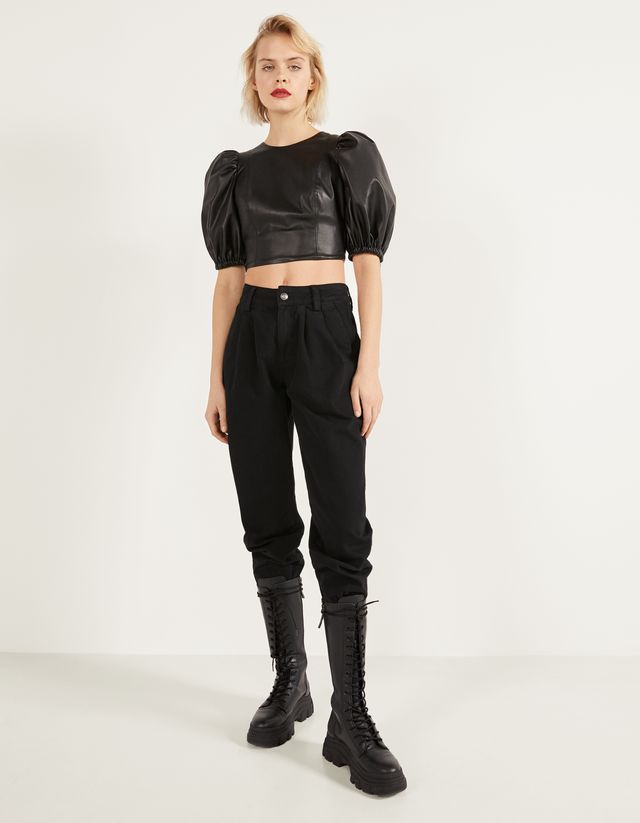 Faux leather blouse with voluminous 