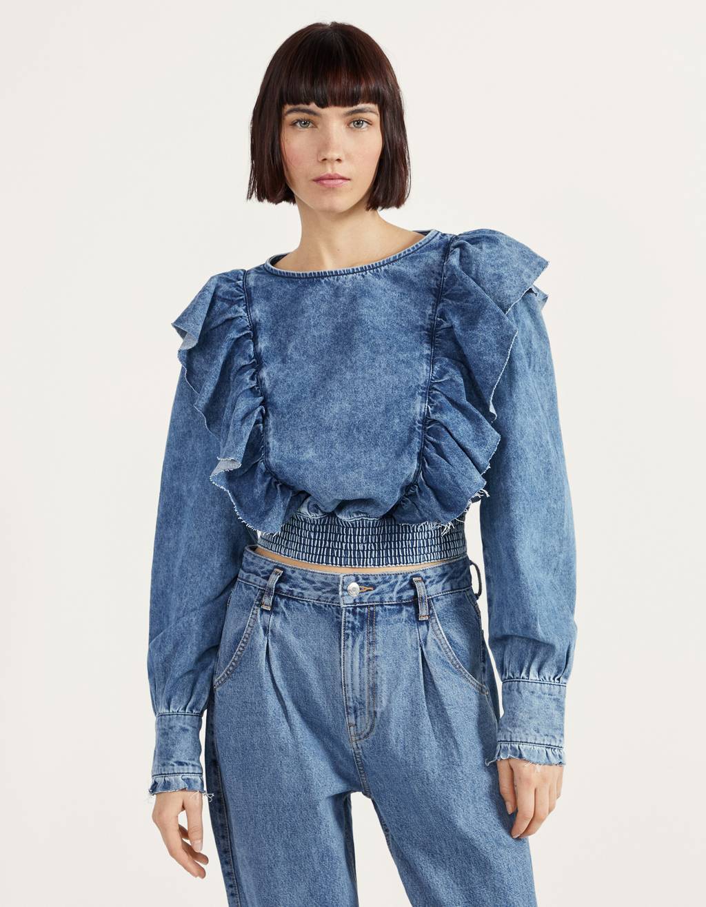 zara ruffled denim shirt