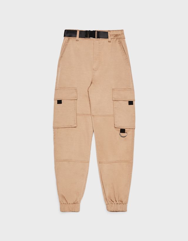 bershka belted cargo trousers in black