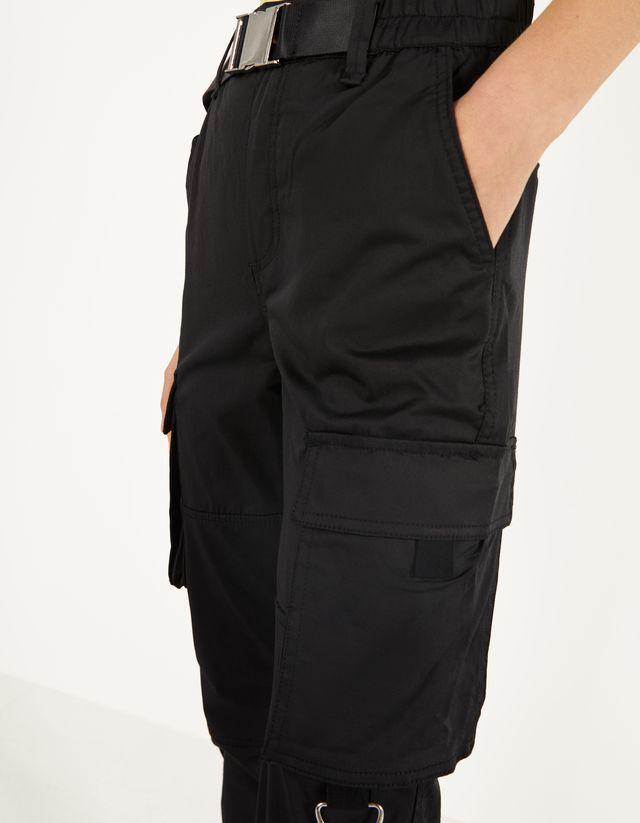 bershka belted cargo trousers in black