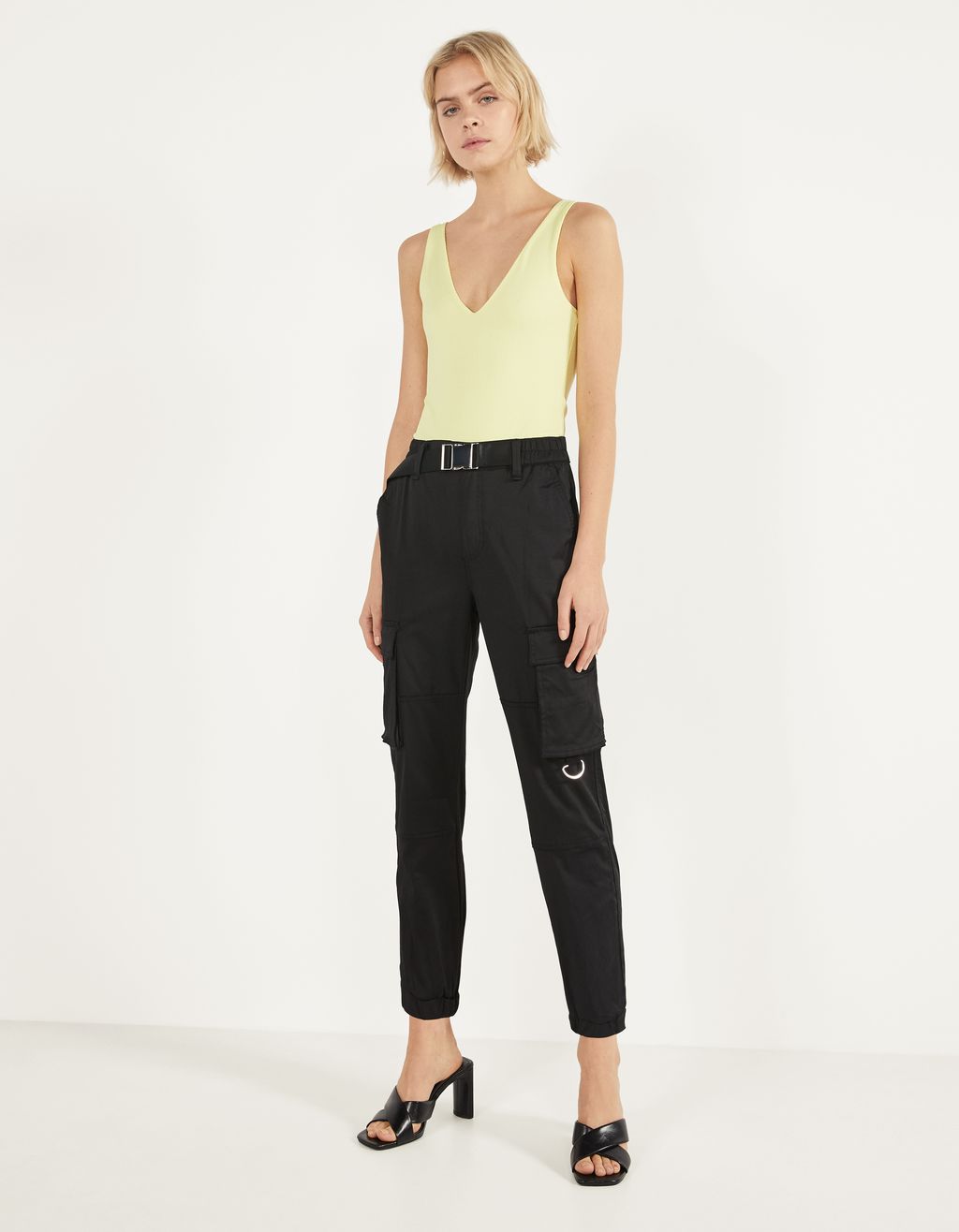 bershka belted cargo trousers in black