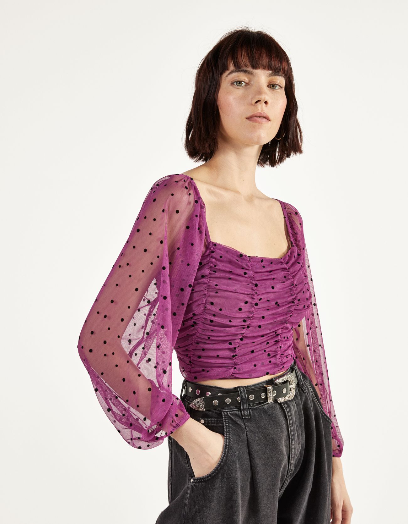 Gathered dotted mesh blouse - null 