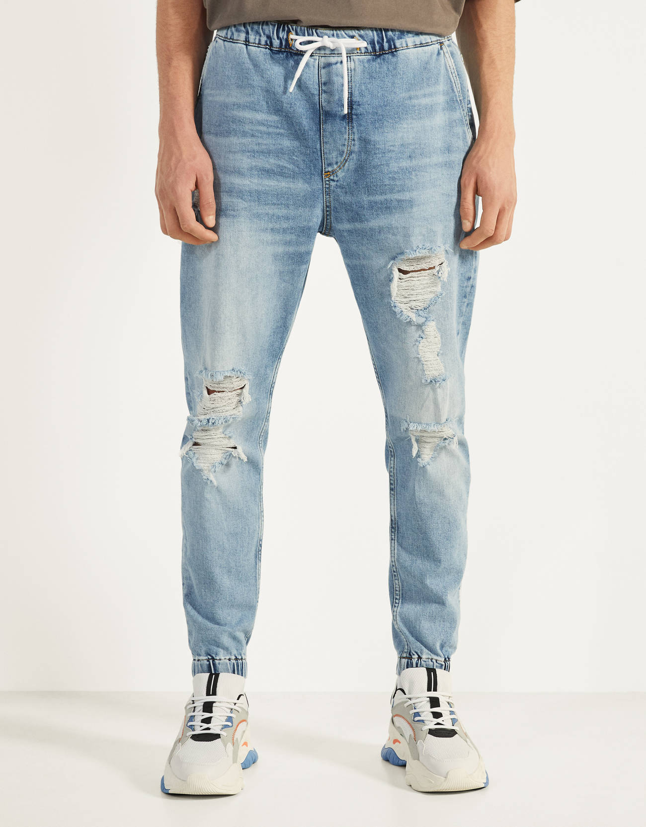 Mens Jeans | Bershka Jogger Jeans With Rips And Patches Blue - Jessica  Vadney