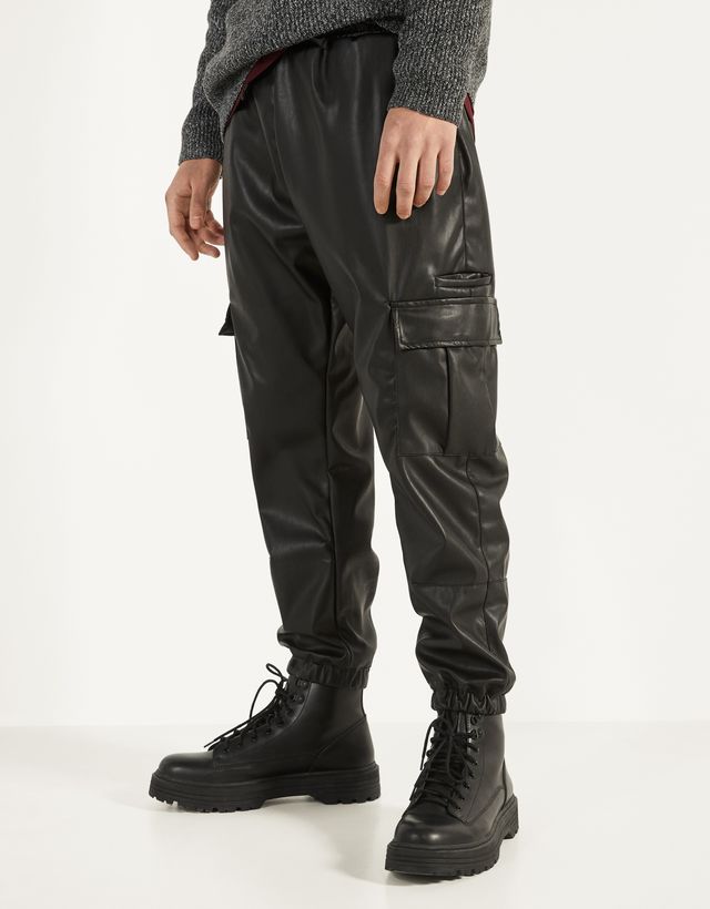 bershka faux leather joggers