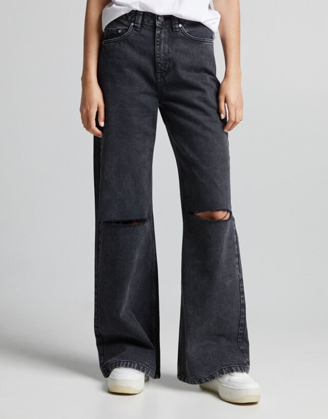 Wide leg twill trousers with rips bershka Clearance