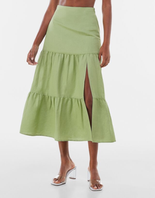 Linen peasant midi skirt with front 