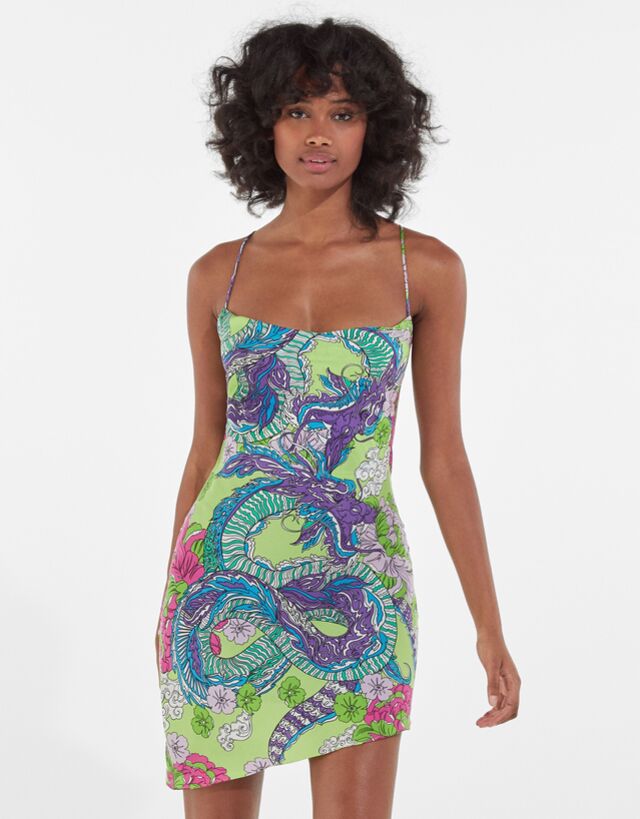 Satin asian print dress Clearance