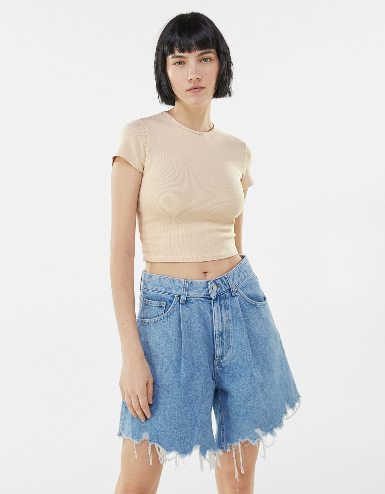 Bershka T-Shirt Rib Manches Courtes Femme Xs Sable