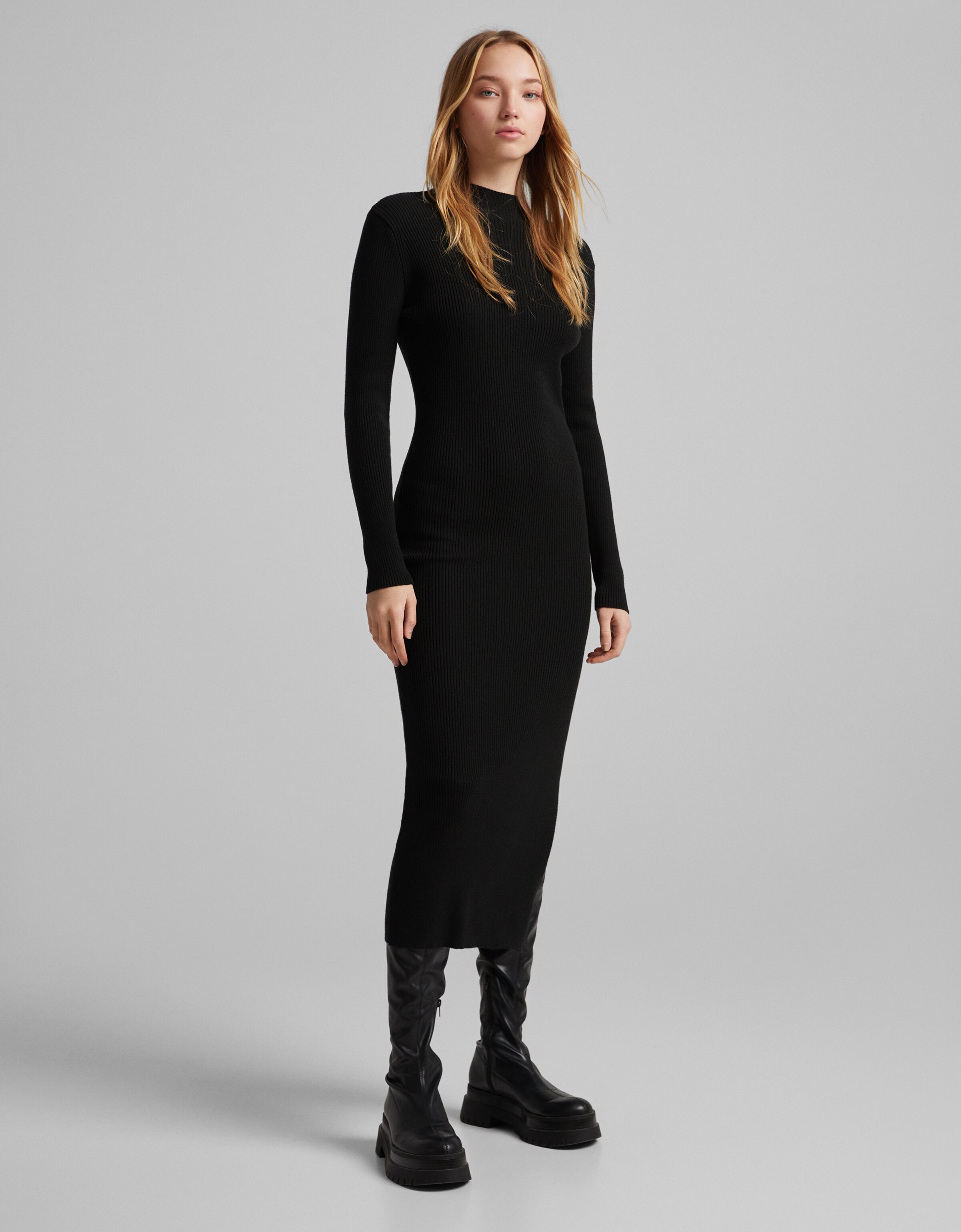 high collar black dress