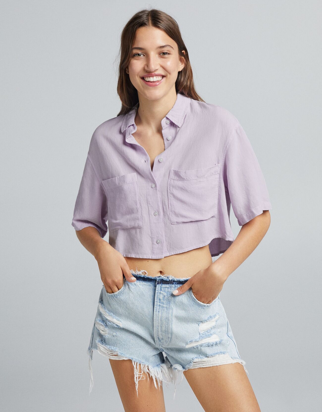 Фиолетовый Рубашка из смесового льна с короткими рукавами и карманом Bershka