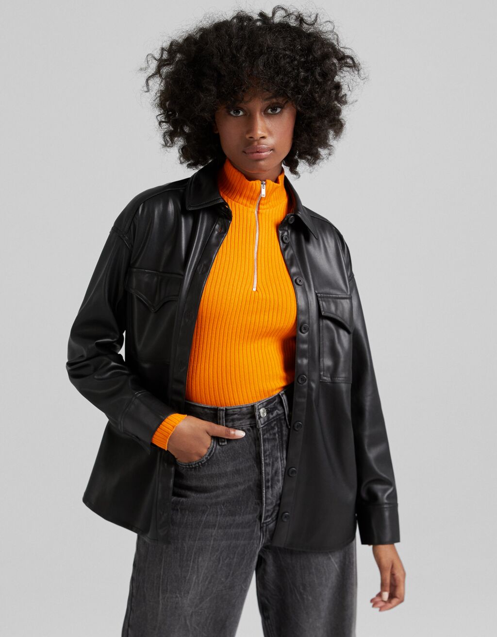 Faux leather shirt with pockets