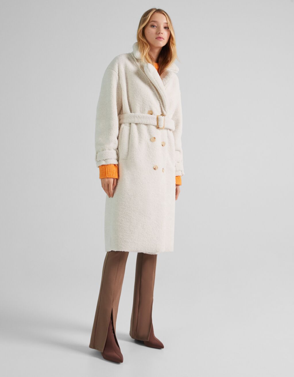 Double-sided trench coat with faux shearling
