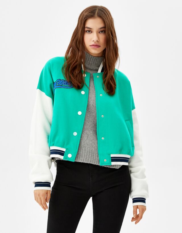 Bershka varsity bomber jacket in green