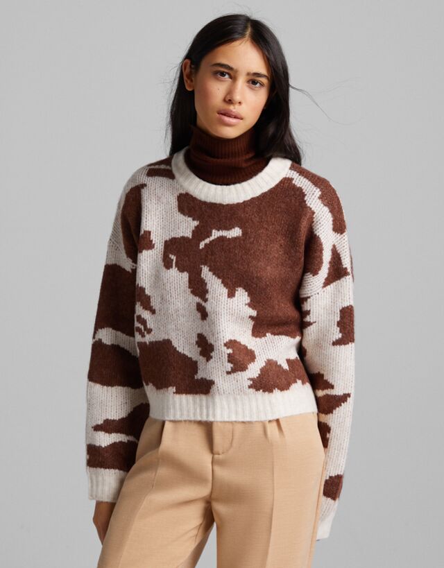 brown cow print sweater