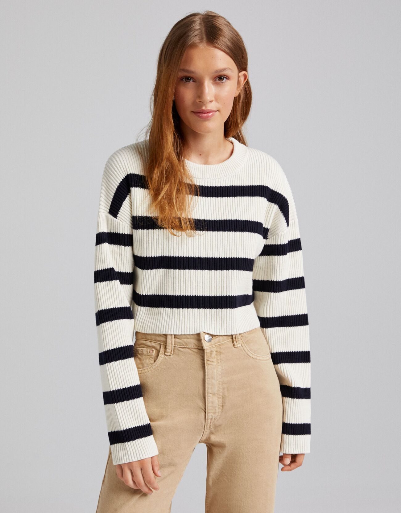 Bershka Pull Cropped Rayures Femme S Écru