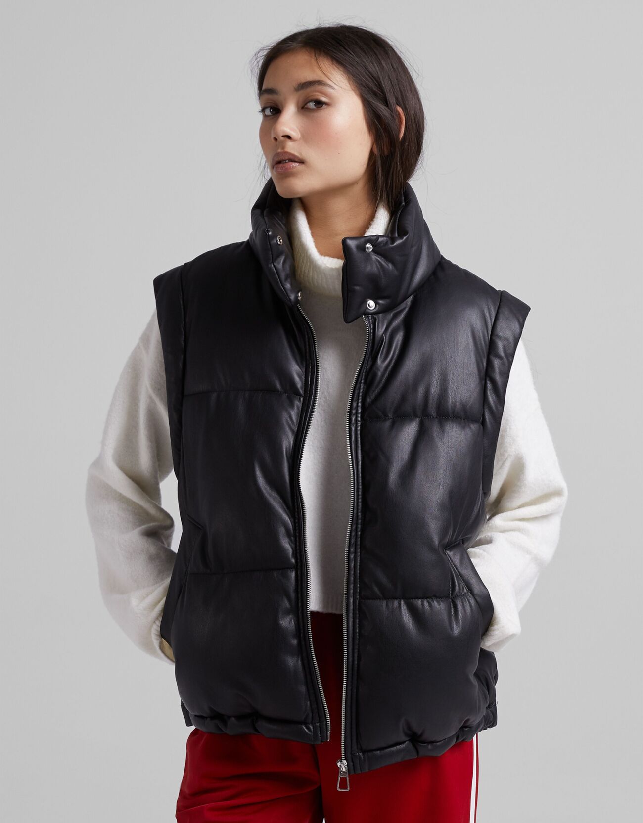 Bershka Doudoune Sans Manches Similicuir Femme L Noir