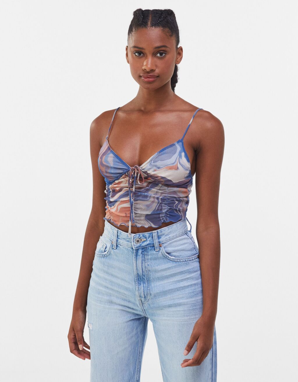 Strappy tulle top with lettuce-edge hem