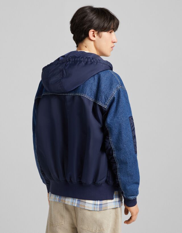 denim varsity bomber jacket