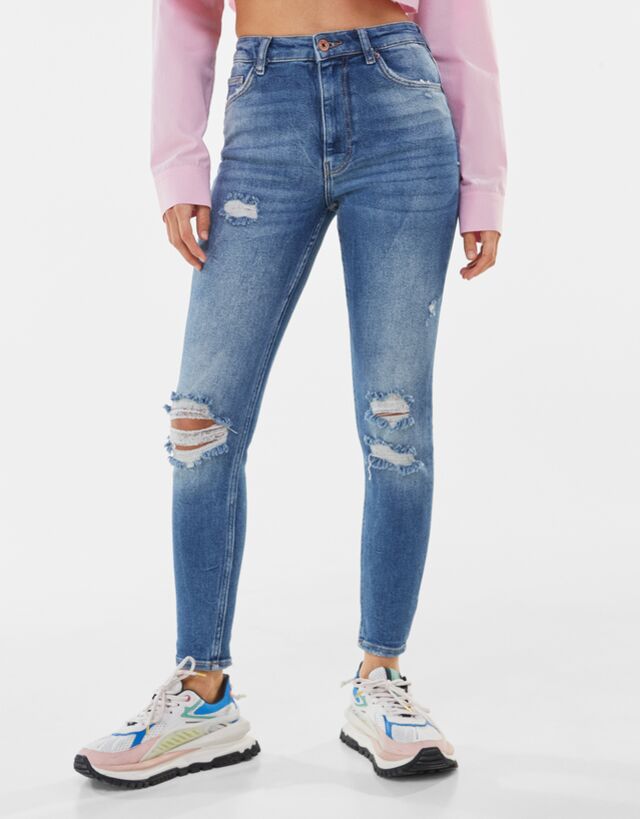 super high waisted distressed jeans