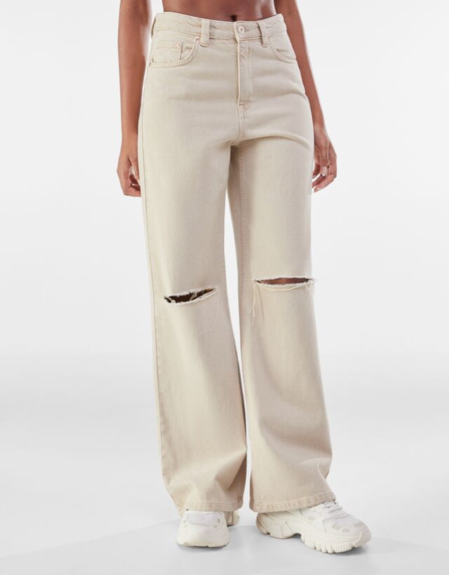 Wide leg twill trousers with rips 